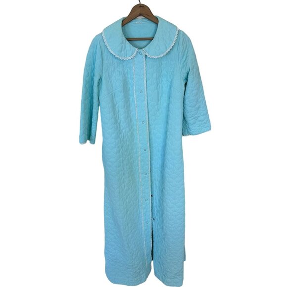 Vtg 1960s Aqua Blue Quilted Full Button Robe Lace Trim Peter Pan Collar Small - Picture 1 of 9